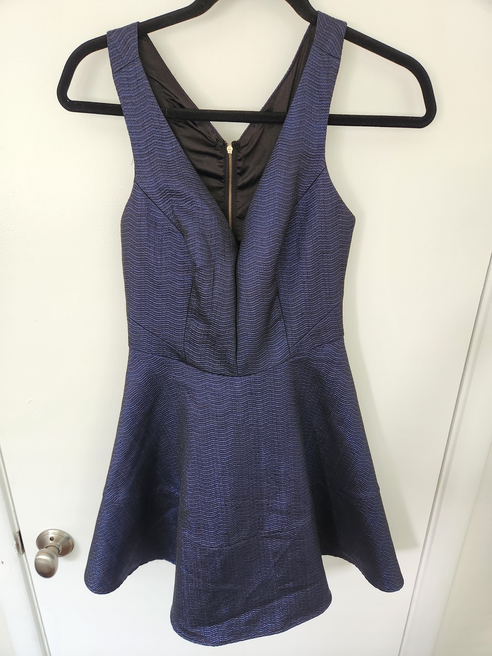 Express Navy Textured V-Neck Fit & Flare Mini Dress